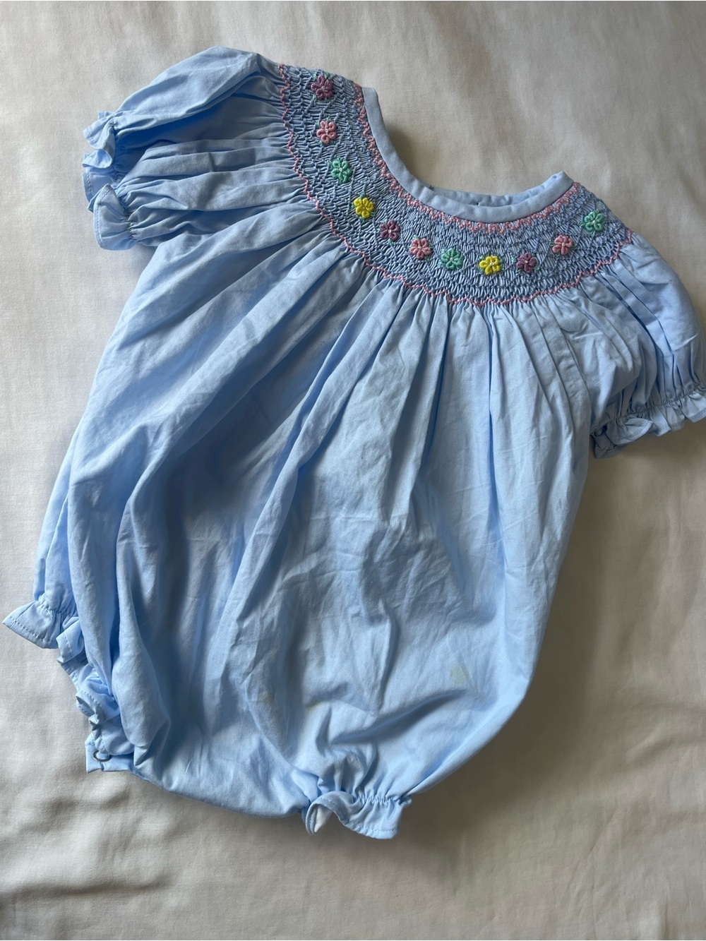 Light Blue Smocked Floral Baby One-Piece